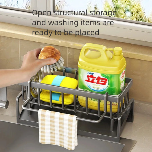 Kitchen Sink Storage Rack with Drainage Rack – Space-Saving Sink Organizer with Towel Holder