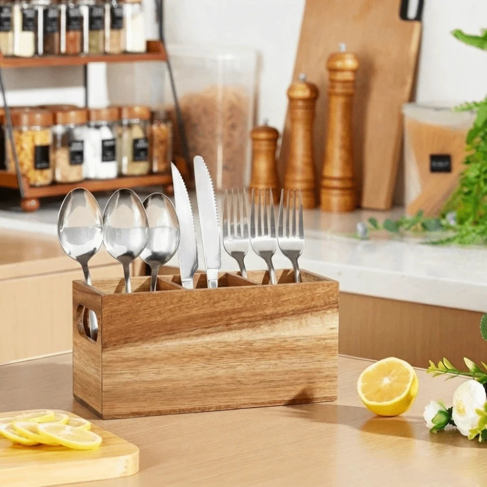 Wooden Kitchen Utensil Holder – 3-Compartment Organizer & Storage Rack ⭐