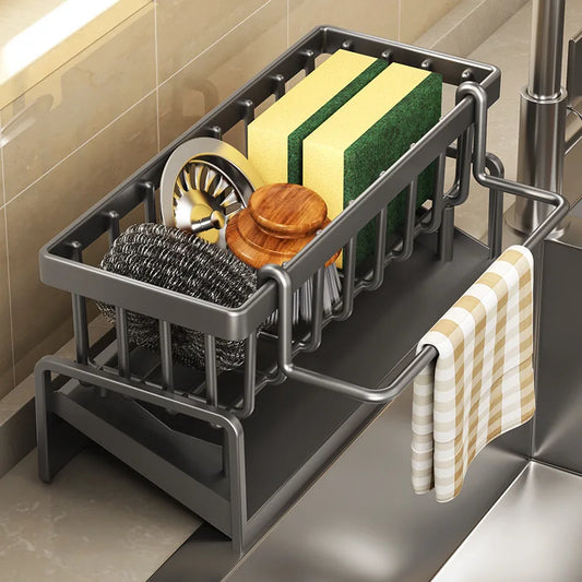 Kitchen Sink Storage Rack with Drainage Rack – Space-Saving Sink Organizer with Towel Holder