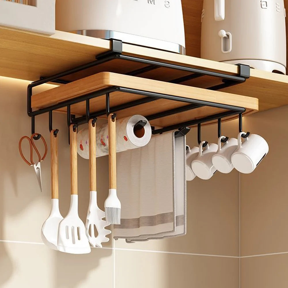 Under cabinet Kitchen Organizer with Hooks-Space-Saving Storage Rack