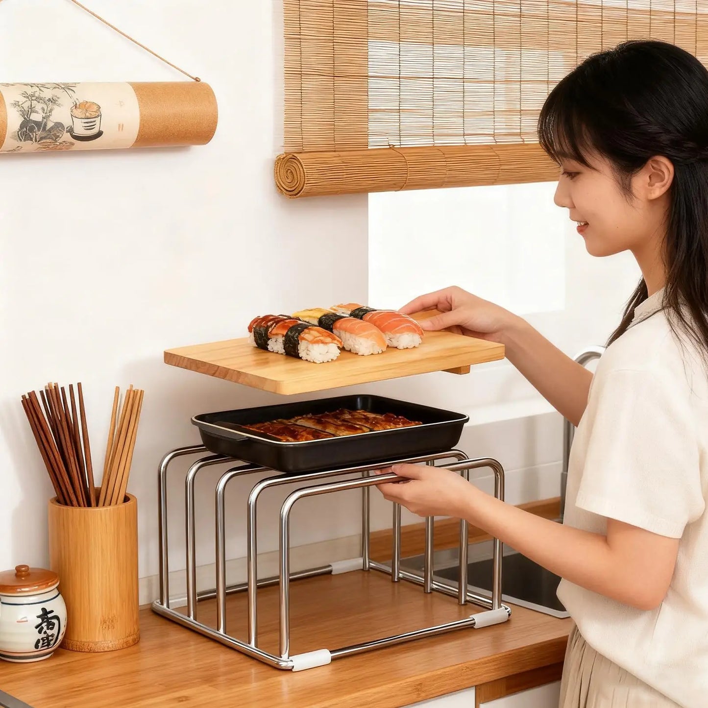 Kitchen Hanging Organizer Rack with Chopping Board Stand, Cupboard & Towel Hanger