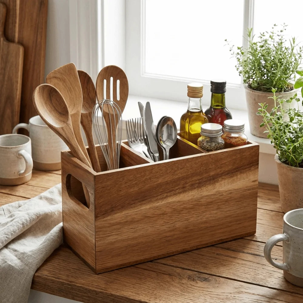 Wooden Kitchen Utensil Holder – 3-Compartment Organizer & Storage Rack ⭐