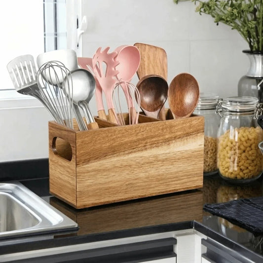 Wooden Kitchen Utensil Holder – 3-Compartment Organizer & Storage Rack ⭐