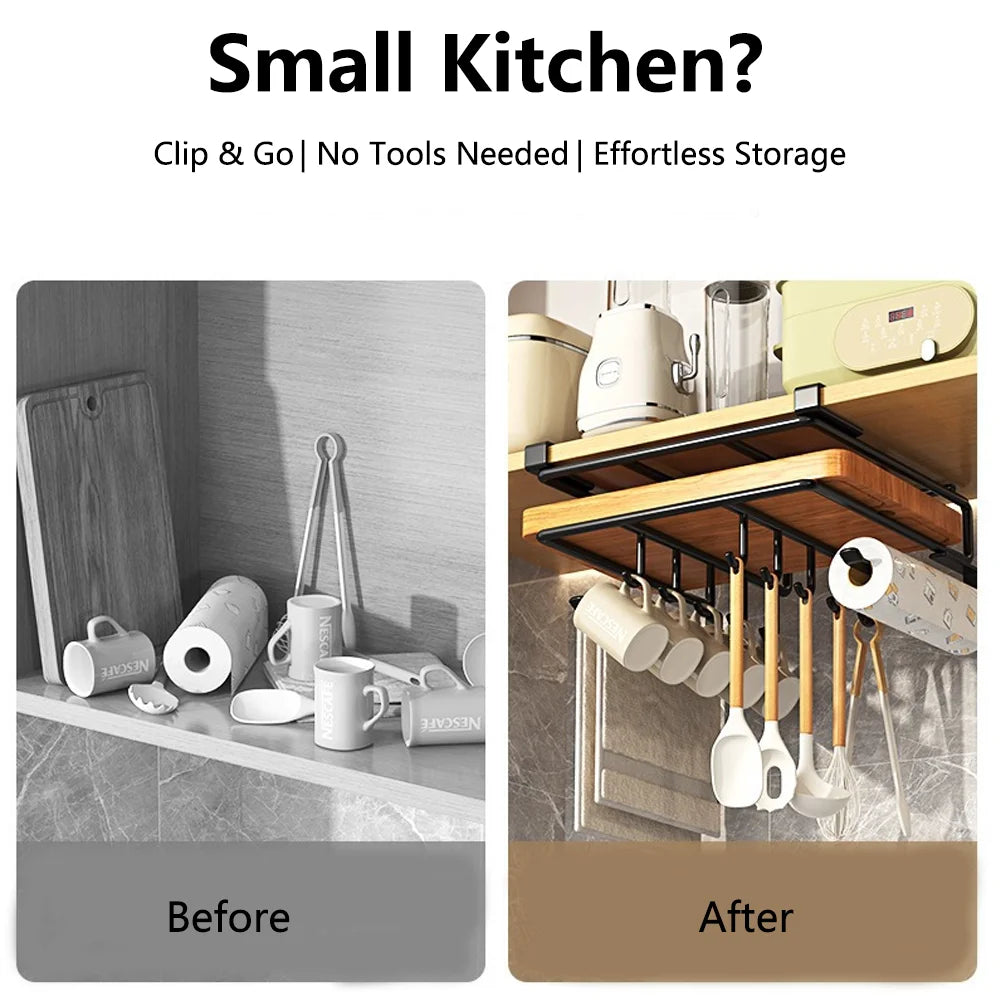 Under cabinet Kitchen Organizer with Hooks-Space-Saving Storage Rack