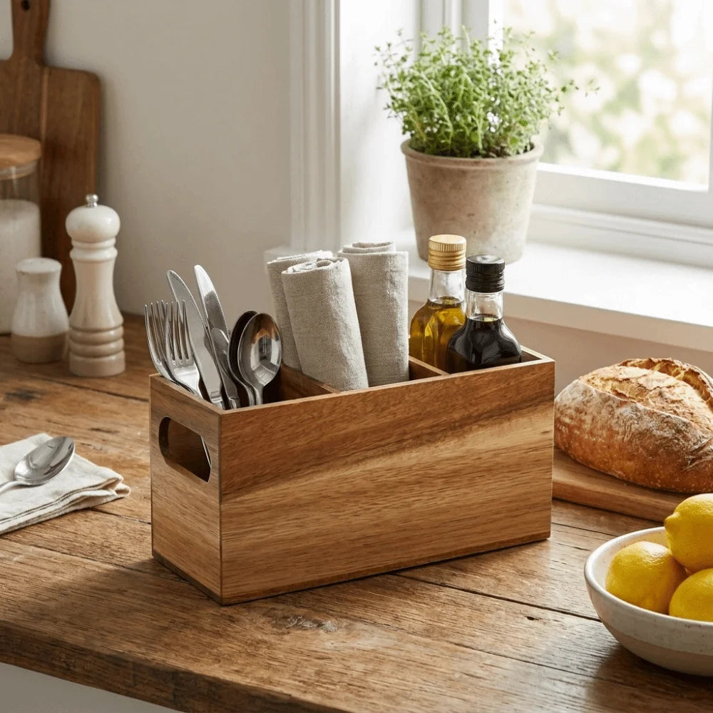 Wooden Kitchen Utensil Holder – 3-Compartment Organizer & Storage Rack ⭐