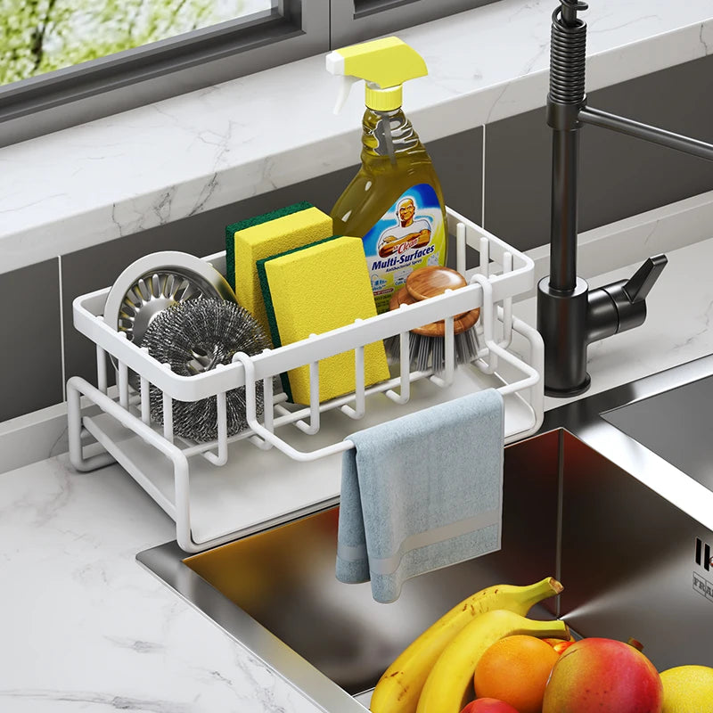 Kitchen Sink Storage Rack with Drainage Rack – Space-Saving Sink Organizer with Towel Holder