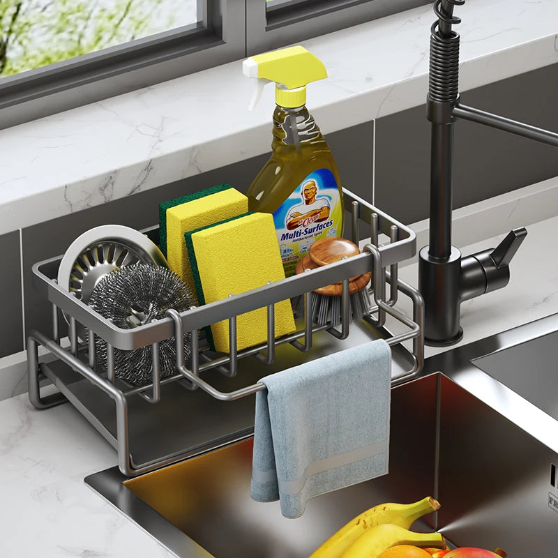 Kitchen Sink Storage Rack with Drainage Rack – Space-Saving Sink Organizer with Towel Holder