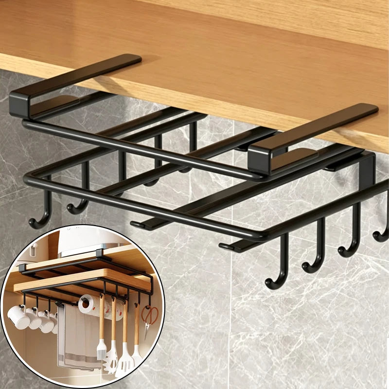 Under cabinet Kitchen Organizer with Hooks-Space-Saving Storage Rack